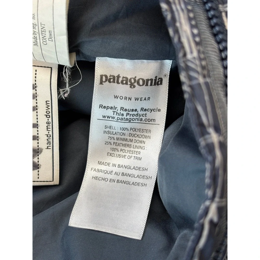 Patagonia Down Sweater Jacket Navy Blue Geometric Kids Large 12 Puffer Zip‎